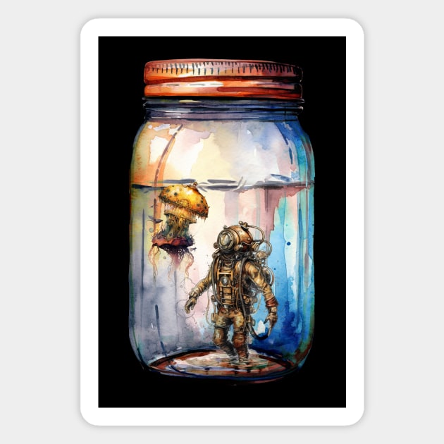 Steampunk Jellyfish and Diver Jar Magnet by ginkelmier@gmail.com